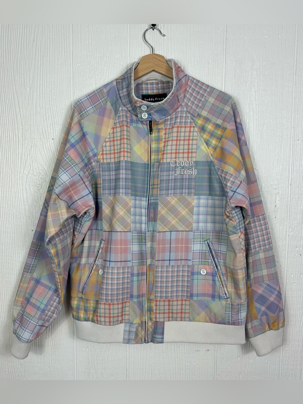 Teddy Fresh Pastel Madras Plaid Cord Patchwork Embroidered Logo Jacket.
 Large